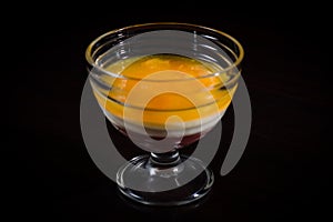 Cherry, creamy and orange mousses in one glass