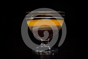 Cherry, creamy and orange mousses in one glass
