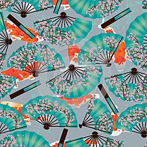 Cherry fan koi origami seamless pattern