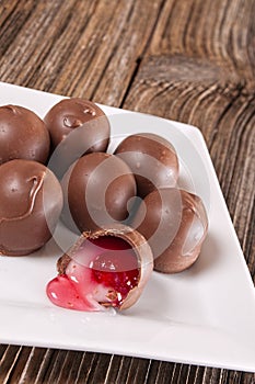 Cherry filled chocolate candy,dish photo
