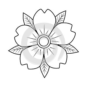 Cherry flower with leaves old school classic traditional tattoo. Hand Drawn Black Outline Doodle Logo Icon. Coloring book page.