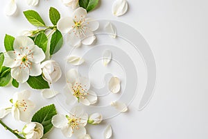 Cherry flowers on white background, copy space