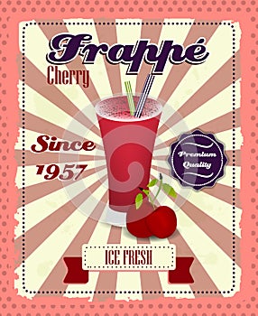 Cherry frappe poster with fruit, drinking strew and glass in retro style