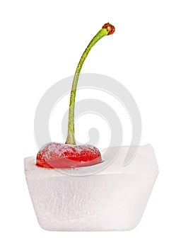 Cherry frozen in ice cube, white background