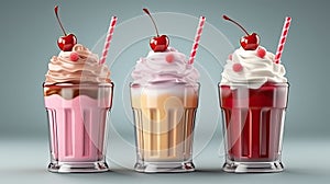 Cherry fruit milkshake illustration. Glass of cherry milk shake. Delicious milky drink set. Generative AI