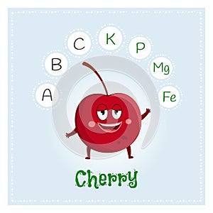 Cherry fruit vitamins and minerals. Funny fruit character. Healthy food illustration