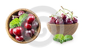 Cherry fruits with bowl on a white. Set of cherries. Fresh red cherries lay on white isolated background with copy space. Backgrou