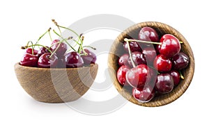Cherry fruits with bowl on a white. Set of cherries. Two bowls with red cherries on white isolated background with copy space. Bac
