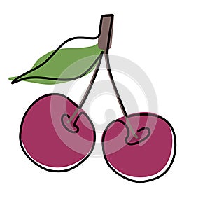 Cherry fruits in continuous drawing style. Abstract minimalistic style. Drawing the fruit with one line. Cherry outline with color