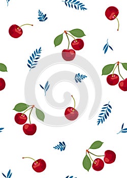 Cherry fruits seamless pattern with cute leaves, Fresh organic food, Red fruits berry pattern on white.