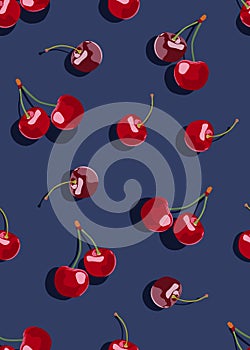 Cherry fruits seamless pattern on navy blue background, Fresh organic food, Red fruits berry pattern.