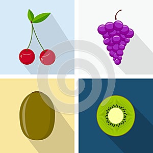 Cherry, grapes and kiwi. Colorful flat design. Fruits