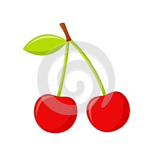 Cherry with green leaves isolated on white background, flat design