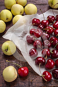 Cherry and green nectarines in the studio.