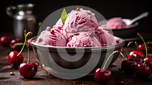 Cherry ice cream ball with fresh cherries and cherry syrup. Horizontal format for advertising, poster, banners. Photo Ai