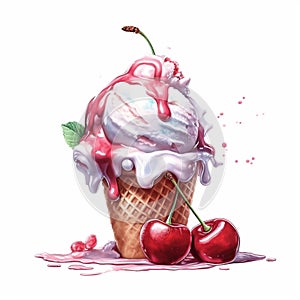 Cherry ice cream, beautifully colored with strong palette pastel colors in a beautiful summer mesmerizing style, on a