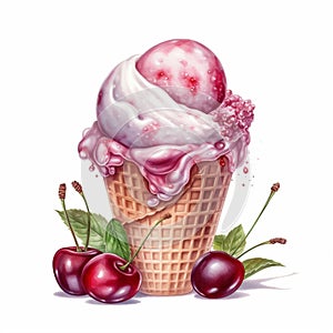 Cherry ice cream, beautifully colored with strong palette pastel colors in a beautiful summer mesmerizing style, on a