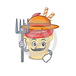 Cherry ice cream in Farmer cartoon character with hat and pitchfork