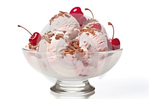 Cherry ice cream sundae with fresh cherries on top and chocolate sprinkles, in a glass bowl isolated on white background