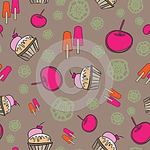 Cherry Ice Cream-Sweet Dreams seamless repeat pattern illustration.Background in pink,orange,green, cream and brown
