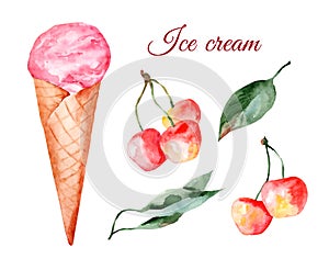 Cherry ice cream in a waffle cone and cherries