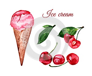 Cherry ice cream in a waffle cone and cherries