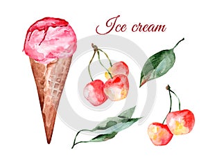 Cherry ice cream in a waffle cone and cherries