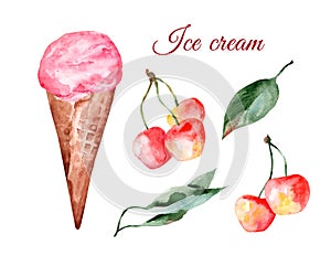 Cherry ice cream in a waffle cone and cherries