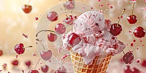 Cherry ice cream in a waffle cone close-up