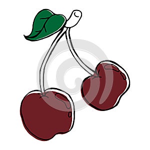 Cherry icon. Vector illustration of a sprig of cherries isolated on white background. Hand drawn cherry berry