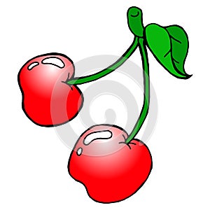 Cherry icon. Vector illustration of a sprig of cherries isolated on white background. Hand drawn cherry berry