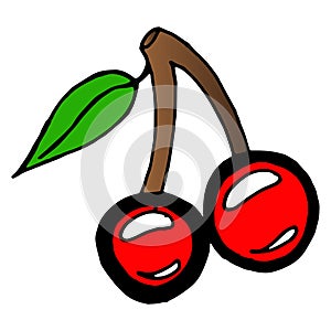 Cherry icon. Vector illustration of a sprig of cherries isolated on white background. Hand drawn cherry berry