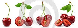 Cherry isolated set. Collection of ripe cherries on a white background. Fresh berries.