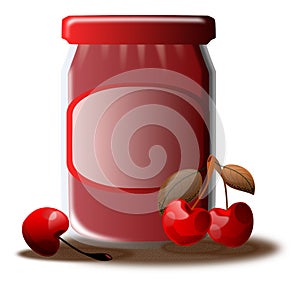Cherry Jam Jar and Shadow, Food, Red, Isolated.