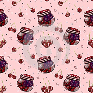 Cherry jam and berries, seamless pattern on a pink background. Template for packaging, kitchen wallpaper, textiles, packaging