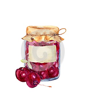 Cherry jam with berries in vintage glass jar with paper cover and label. Water color