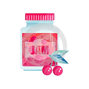 Cherry jam, glass jar of berry confiture vector Illustration on a white background