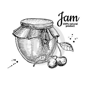 Cherry jam glass jar vector drawing. Fruit Jelly and marmalade.