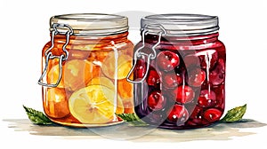 Cherry jam in glass jars. Glass jars with cranberries and lemon. Two jars of homemade appetizing canned food.