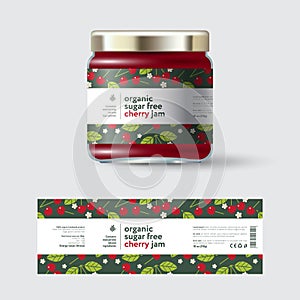 Cherry Jam label and packaging. Jar with cap with label.