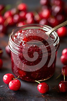 Cherry jam. Spoon scooping homemade cherry jam from a glass jar surrounded by fresh cherries