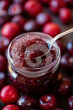 Cherry jam. Spoon scooping homemade cherry jam from a glass jar surrounded by fresh cherries