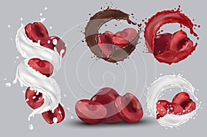 Cherry juice, cherry in chocolate, milk splash. Collection fresh cherry. Sweet dessert. 3D realistic cherry. Vector