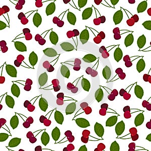 Cherry juicy summer seamless pattern with a picture of ripe red cherries and green leaves. Summer print. Vector