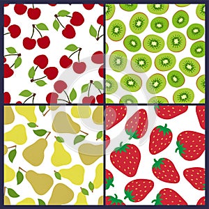 Cherry, kiwi, pear and strawberry seamless pattern. Berries and fruits. Fashion design. Food print for dress, skirt