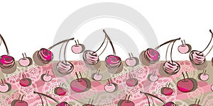 Cherry and Lace Border-Fruit Delight seamless Repeat Pattern illustration.Background in pink,maroon, brown and cream.