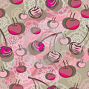 Cherry and Lace-Fruit Delight seamless Repeat Pattern illustration.Background in pink,maroon, brown and cream.