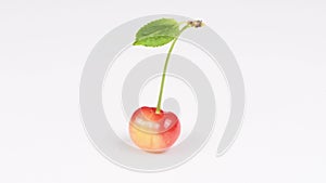 Cherry with leaves isolated on a white background. Side view. Shallow depth of field.