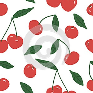 cherry and leaves vector seamless pattern. hand drawn. illustration for wallpaper, wrapping paper, textile, background