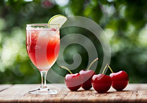 Cherry limeade in a glass with a background of fresh cherry slices and lime wedges. AI generated.